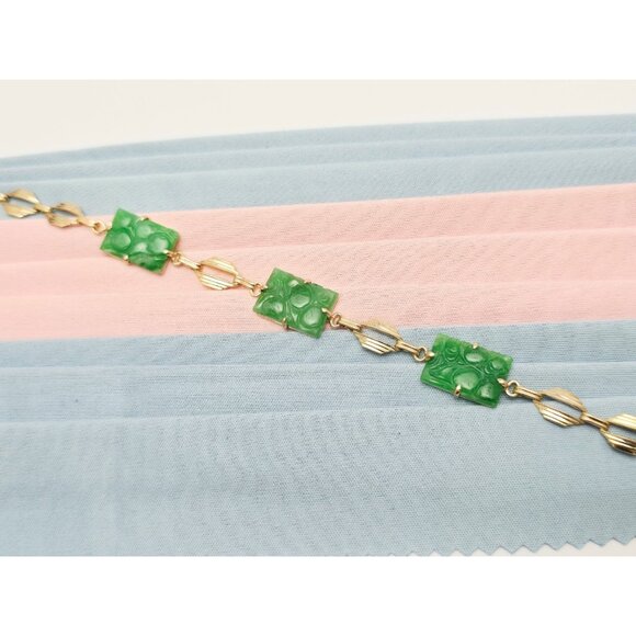 Amazing 14K Solid Yellow Gold Designer Green Jadeite Jade Link Bracelet 7.25
